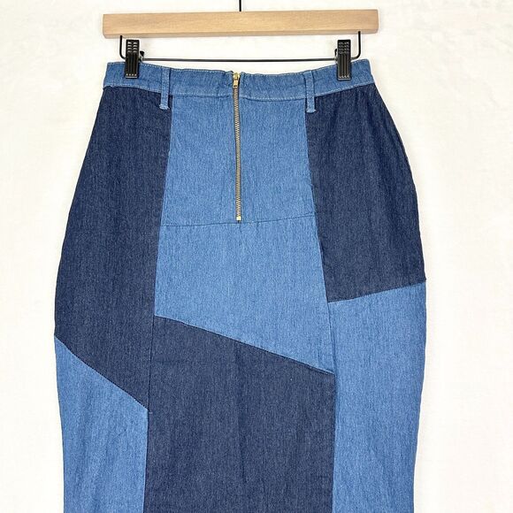 Touch Me Denim Patchwork Strapless Maxi Dress Size Small Stretch Y2K Western - Picture 6 of 7